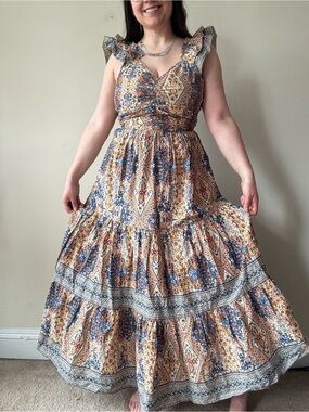 Caroline Constas Blue and Cream Tiered Maxi Dress
